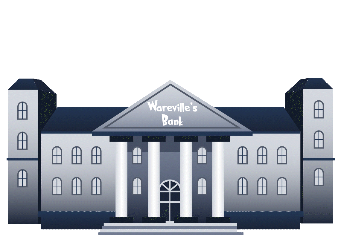 an animation with the roof of the "WareVille Bank" lifting and coins floating out of it
