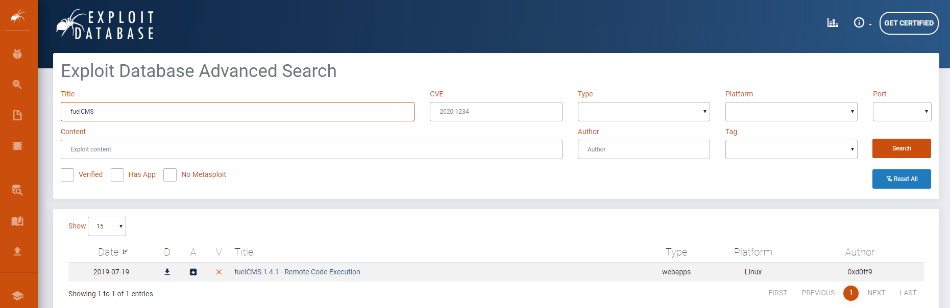 ExploitDB results for FuelCMS