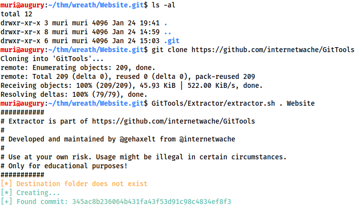 Extracting the git respository. First cloning GitTools, then running the extractor on the current directory.