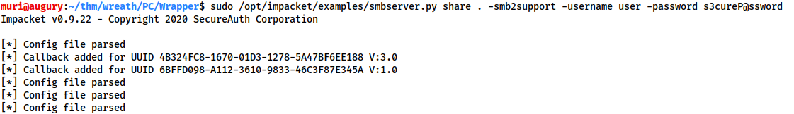 Demonstration of what a successful Impacket SMB Server startup looks like. There should be a bunch of messages saying Config file parsed
