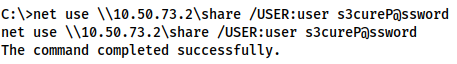 Demonstration of the net use command. The result should include The command completed successfully