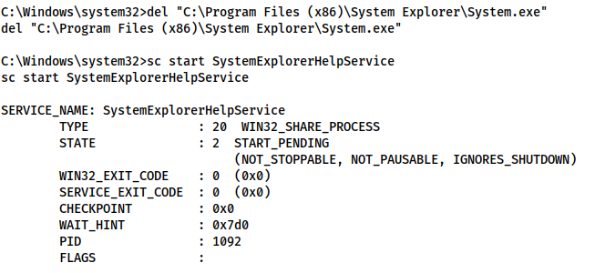 Demonstration of the correct output from deleting the binary and starting the service normally
