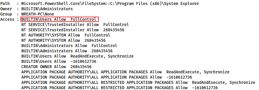 Image showing the BUILTIN\Users Allow FullControl permission which gives us full control over the directory